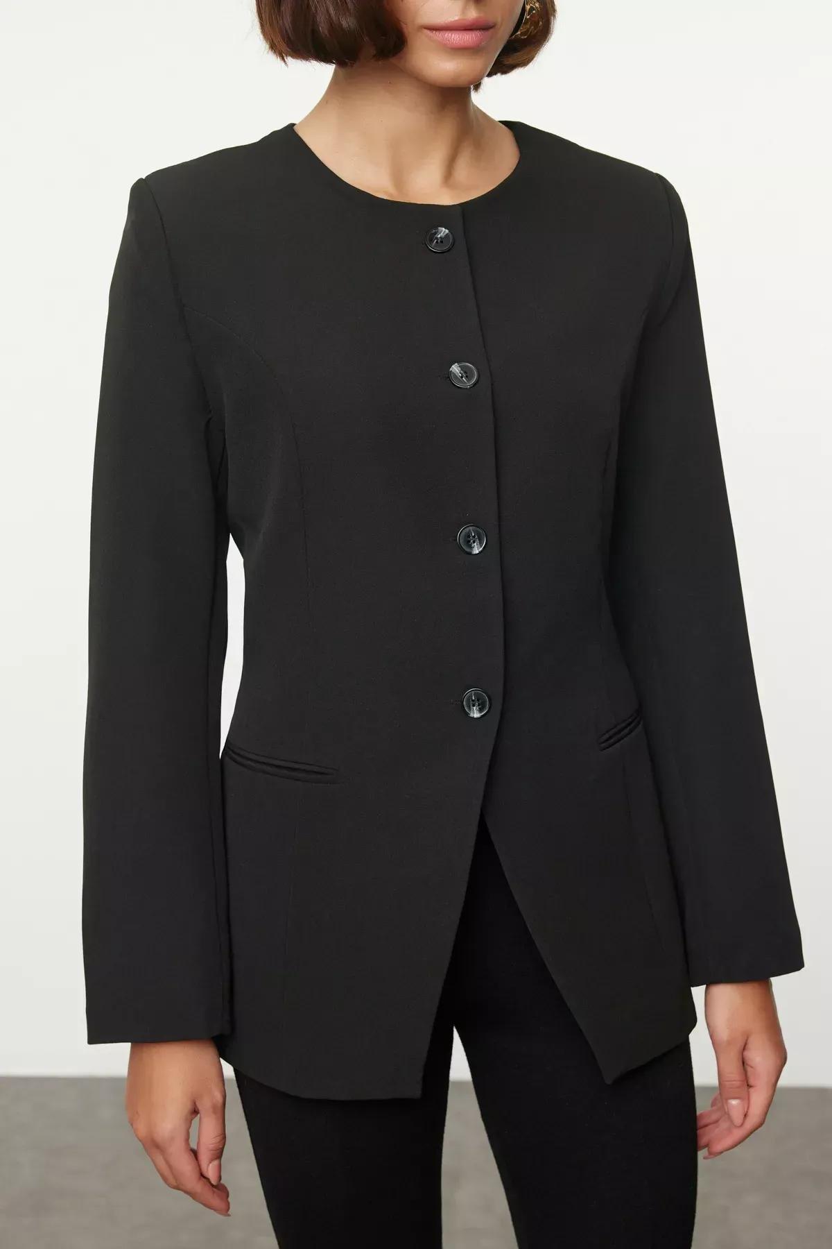Black Round Crew-Neck Blazer, BLACK, medium