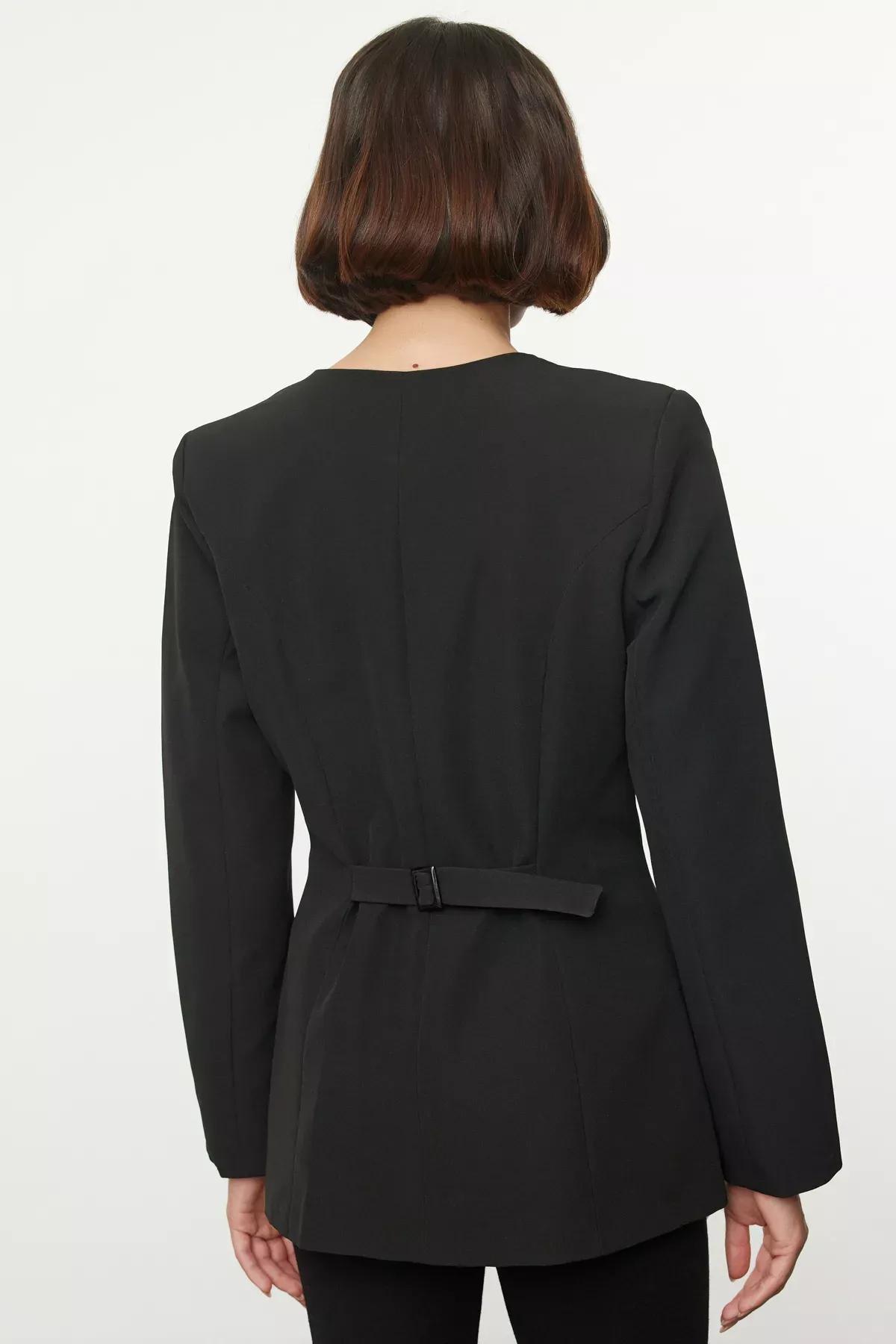 Black Round Crew-Neck Blazer, , large image number 4