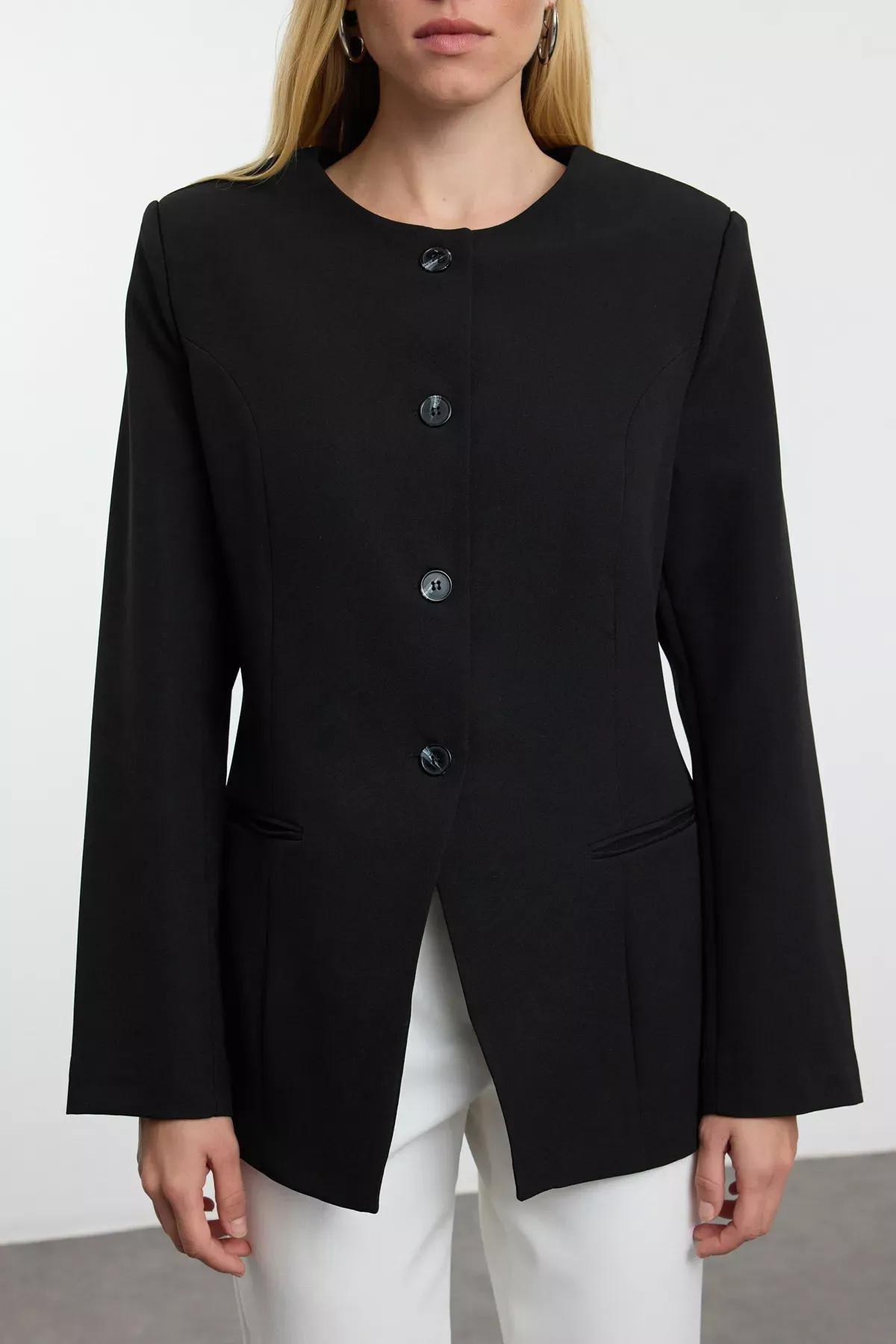 Black Round Crew-Neck Blazer, , large image number 6