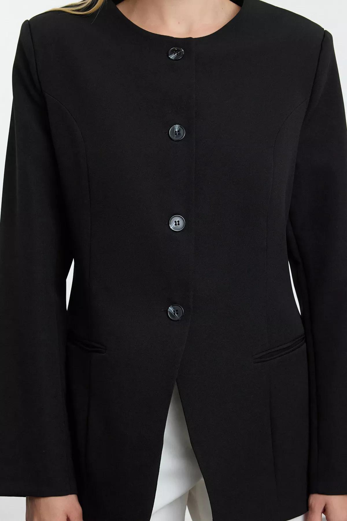 Black Round Crew-Neck Blazer, , large image number 7