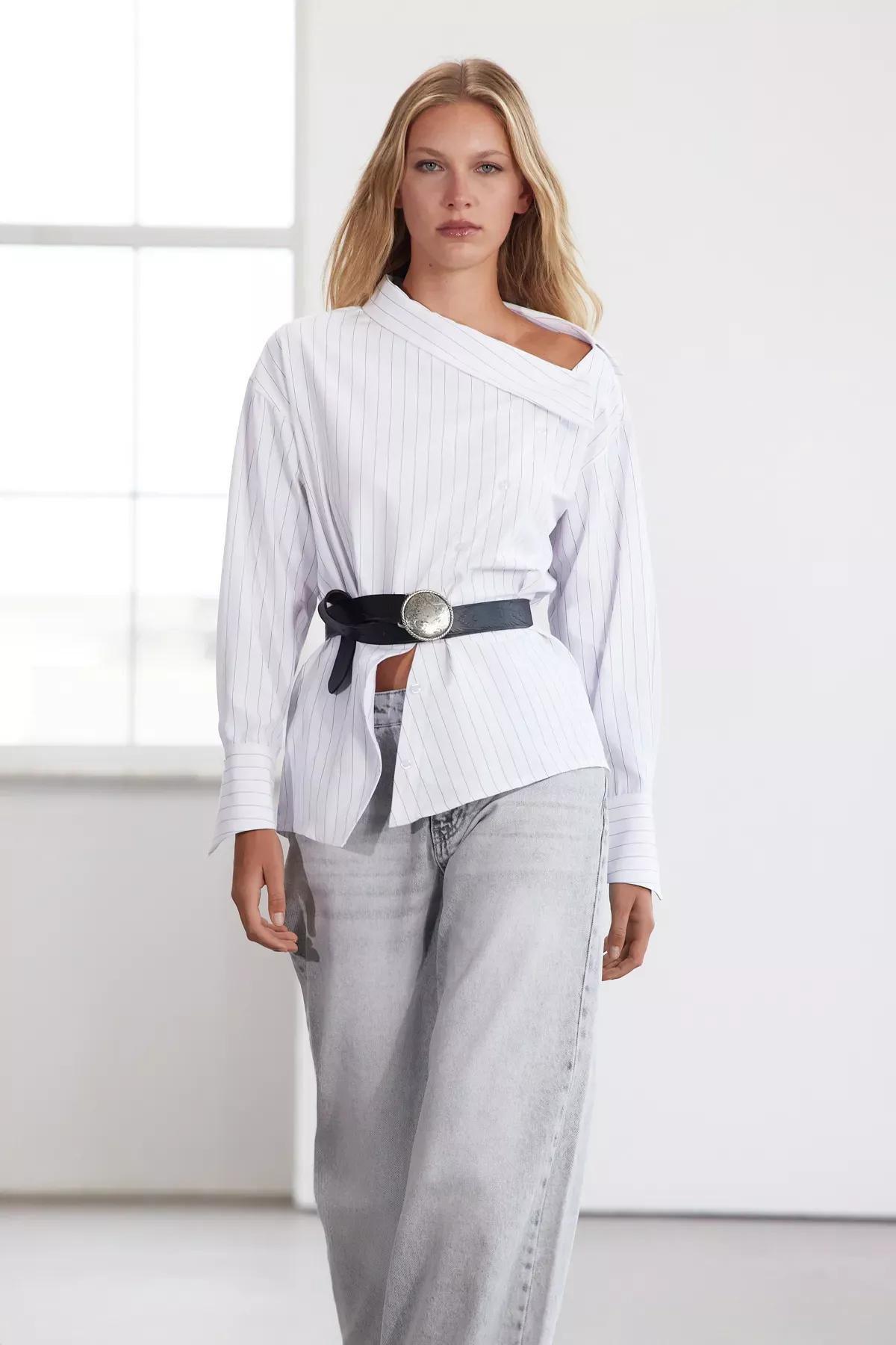 White Collar Striped Woven Shirt, White, large image number 0