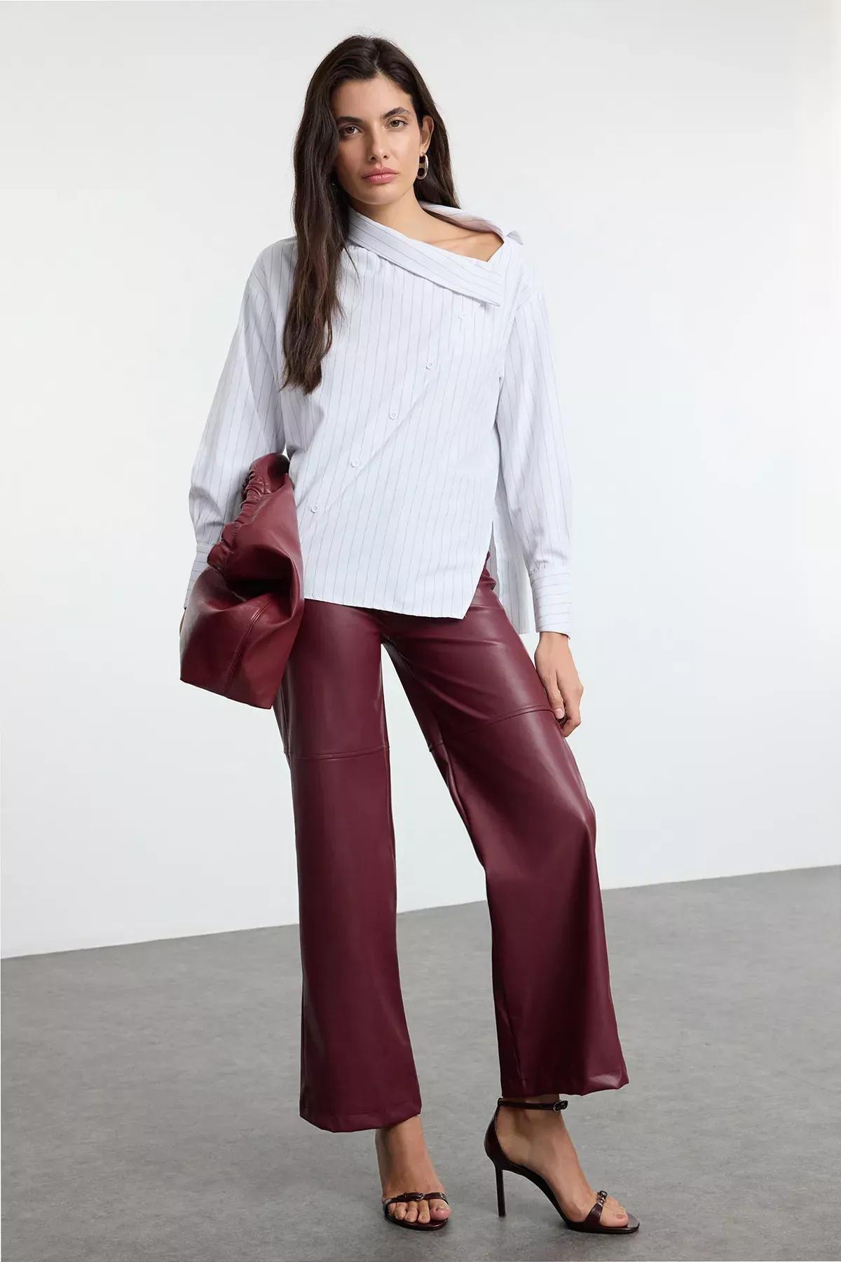 White Collar Striped Woven Shirt, White, large image number 1