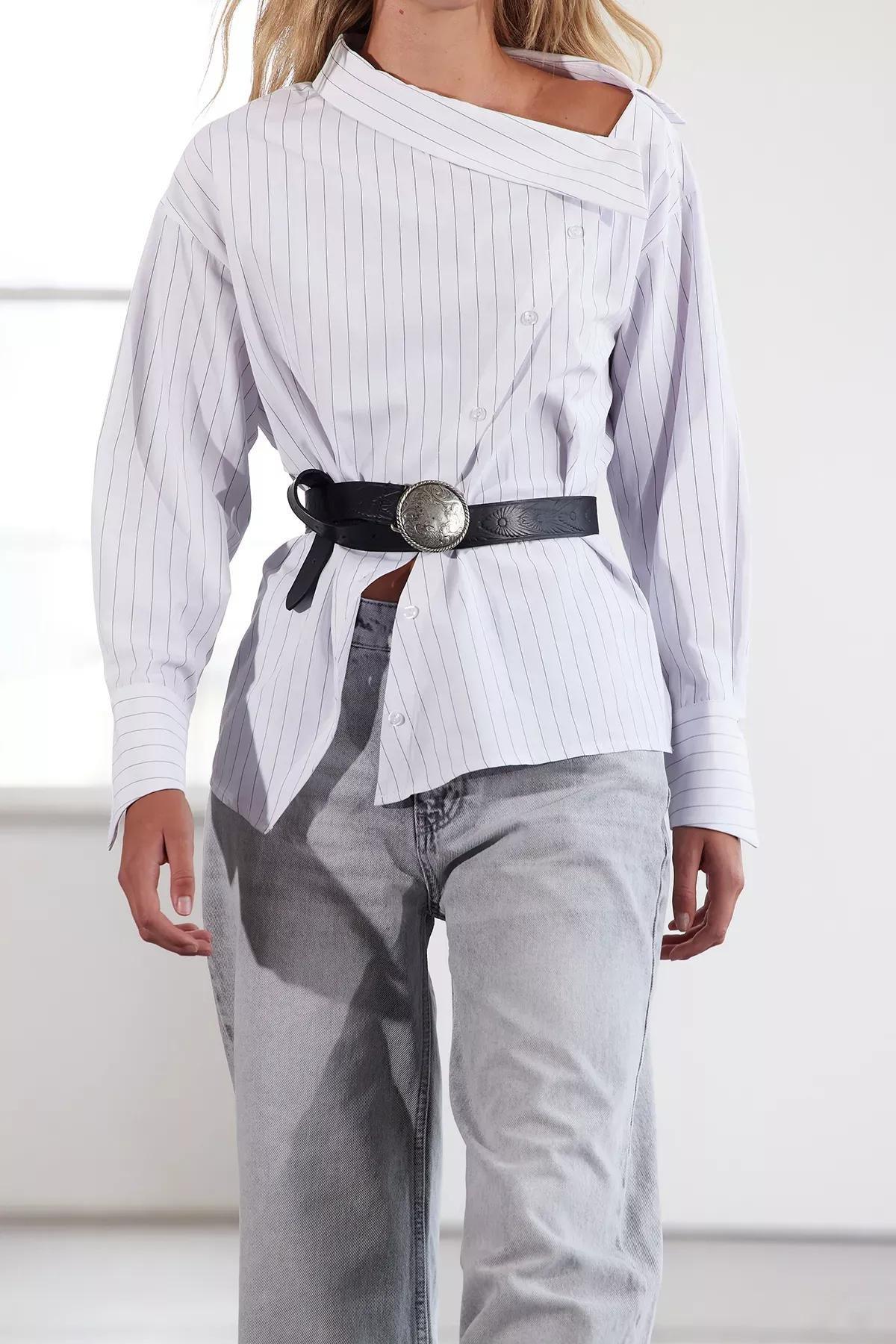 White Collar Striped Woven Shirt, White, large image number 3