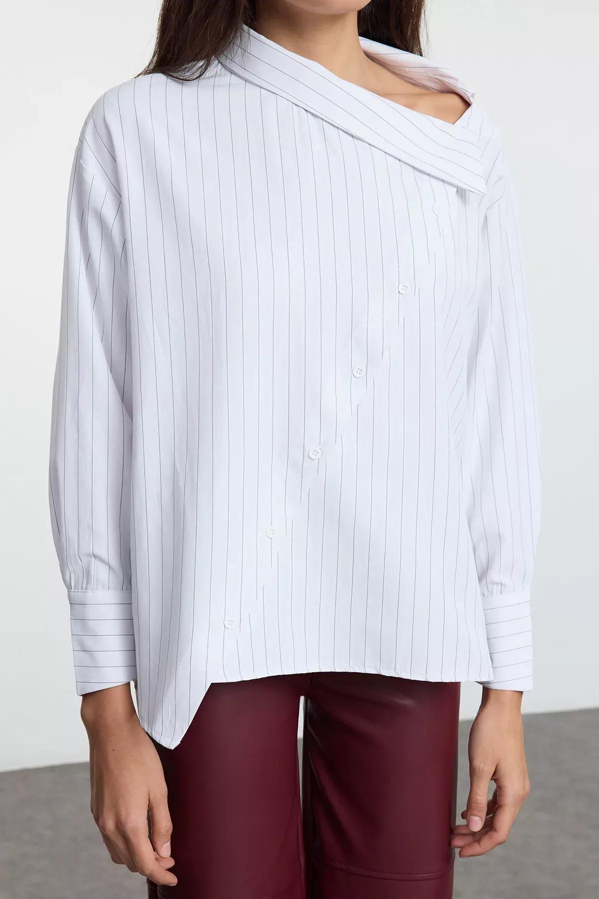 White Collar Striped Woven Shirt, White, large image number 5
