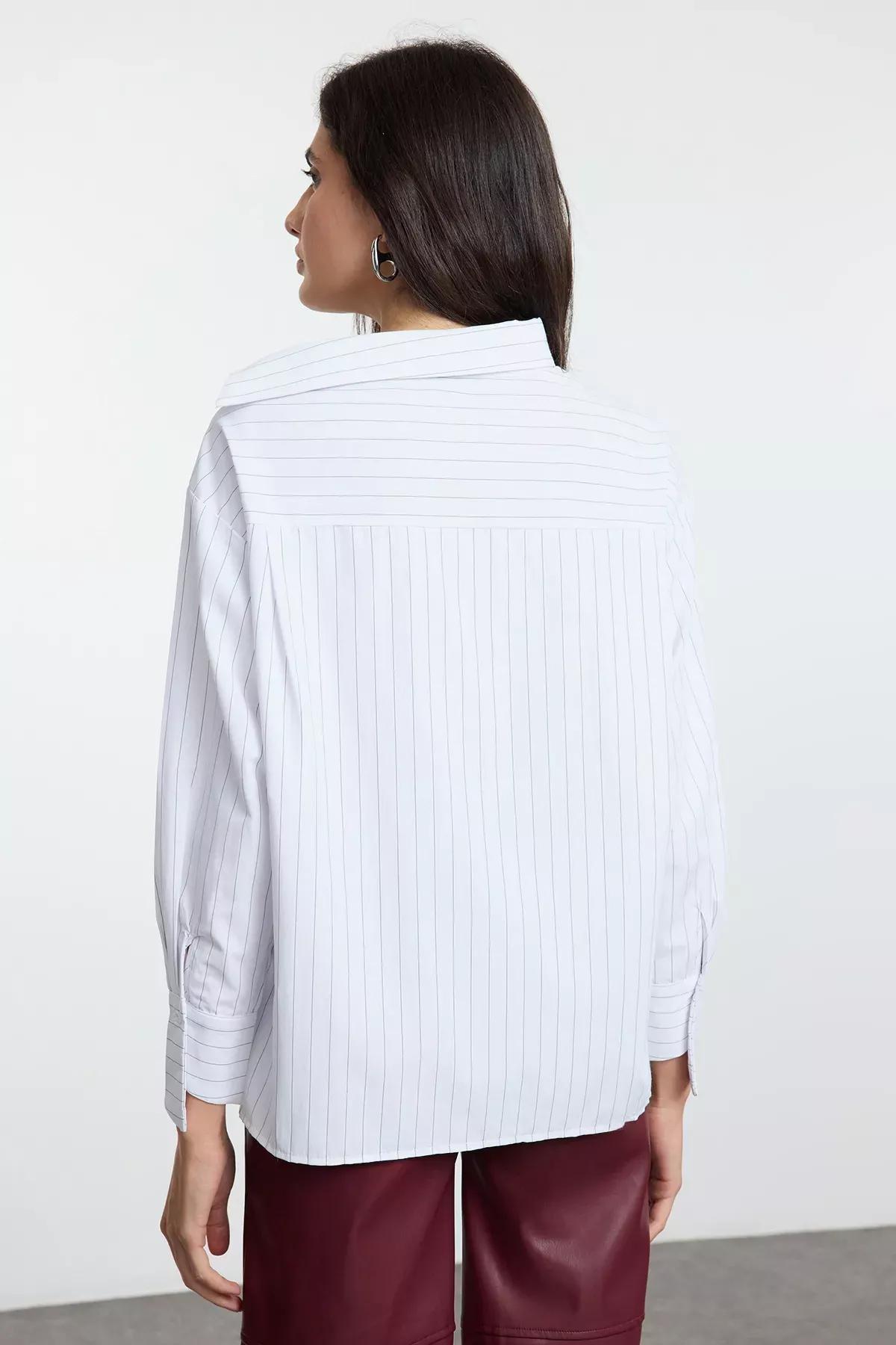 White Collar Striped Woven Shirt, White, large image number 7