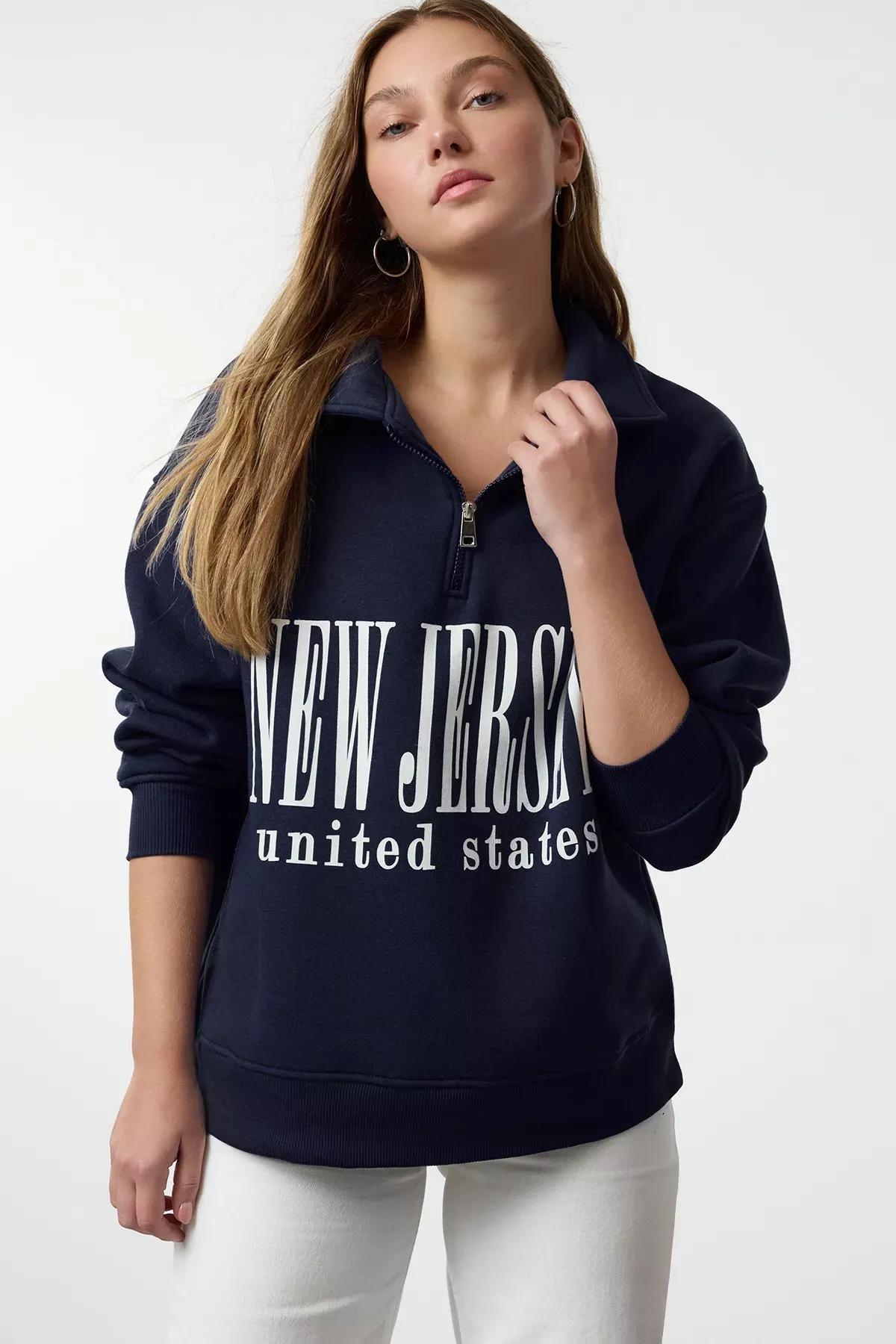 Navy Oversized Printed Zippered Sweatshirt, Navy blue, large image number 0