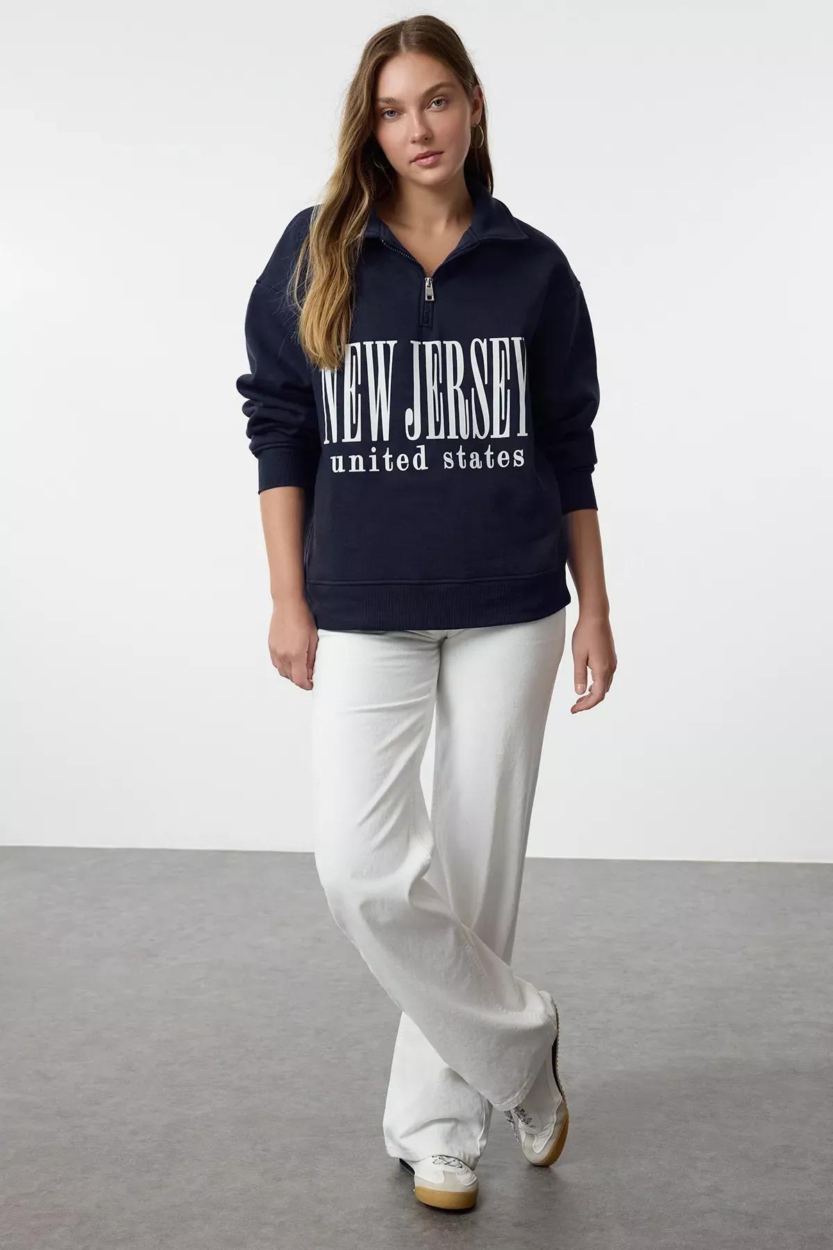 Navy Oversized Printed Zippered Sweatshirt, Navy blue, large image number 1