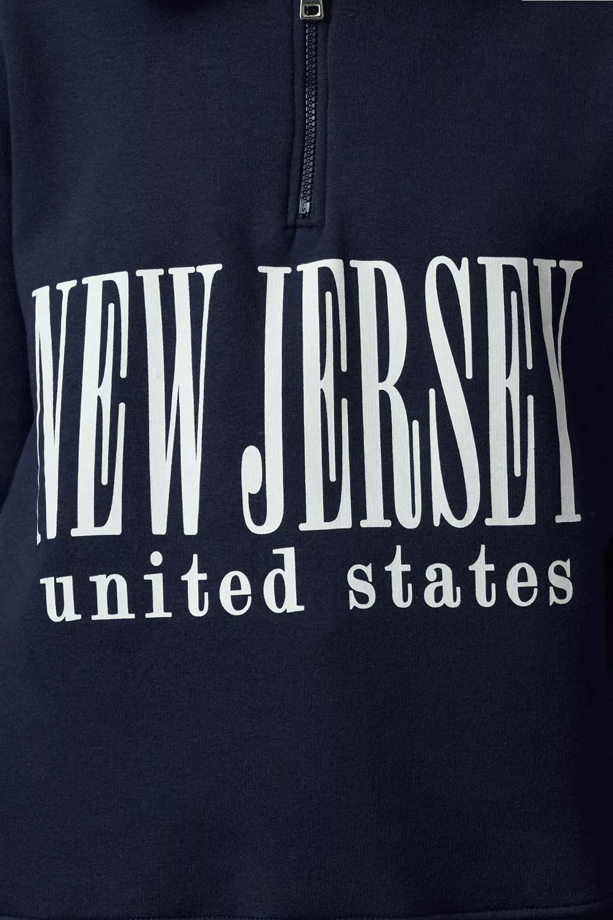 Navy Oversized Printed Zippered Sweatshirt, Navy blue, large image number 2