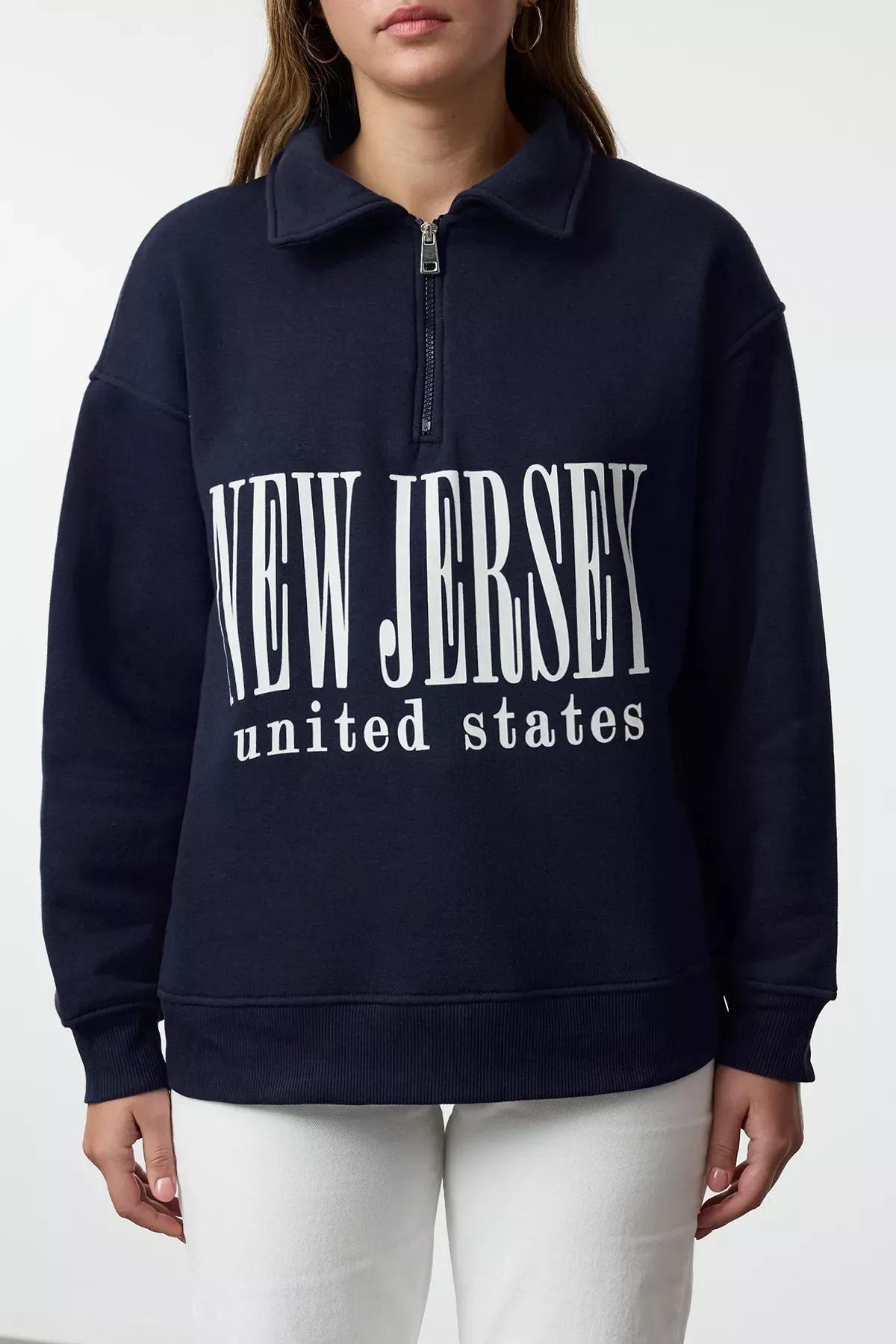Navy Oversized Printed Zippered Sweatshirt, Navy blue, large image number 3
