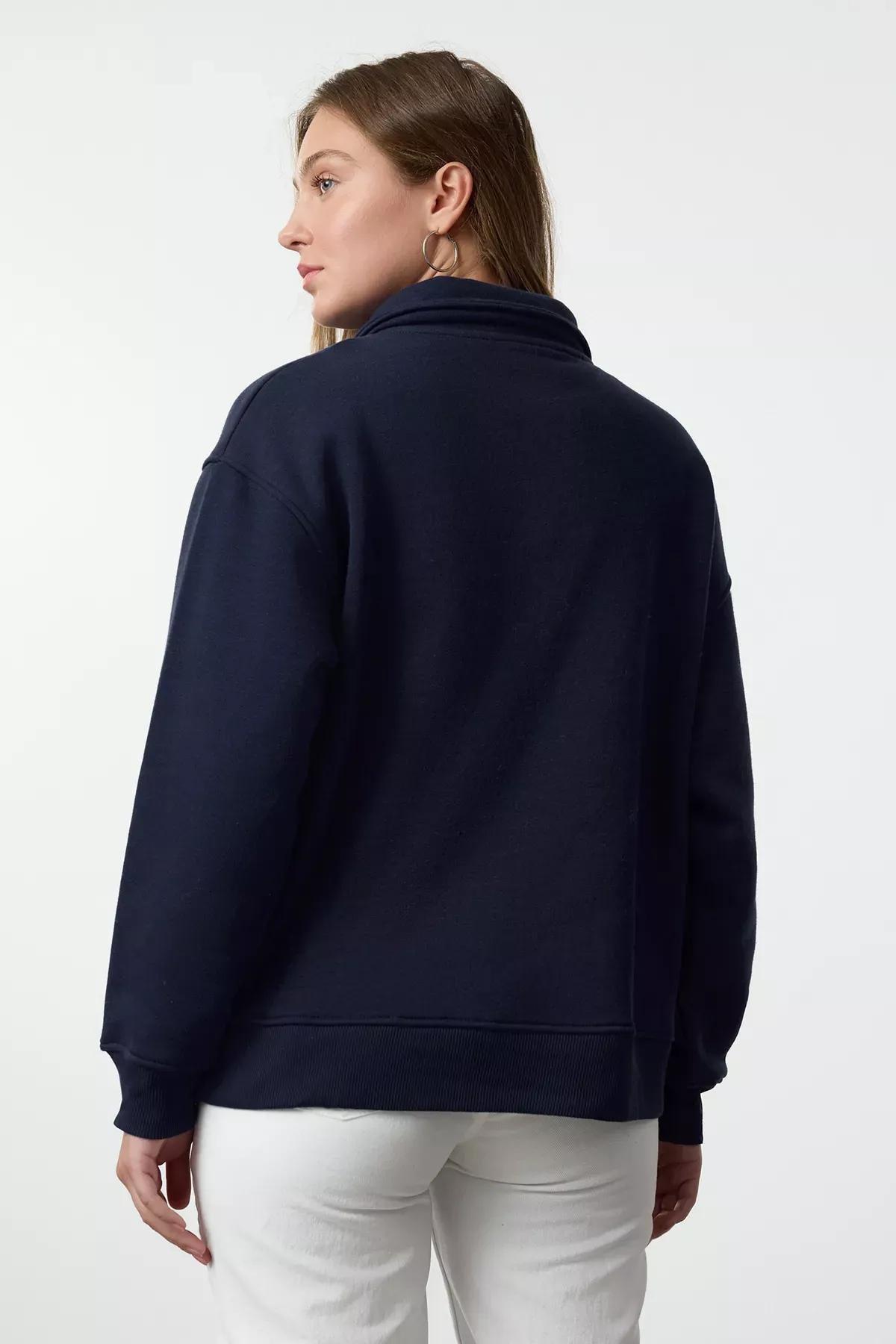 Navy Oversized Printed Zippered Sweatshirt, Navy blue, large image number 4