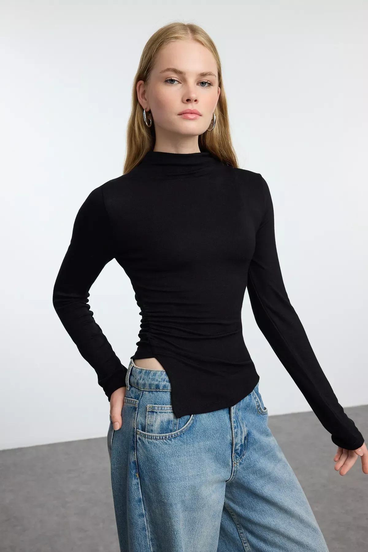 Black Ruffle High Collar Blouse, , large image number 0