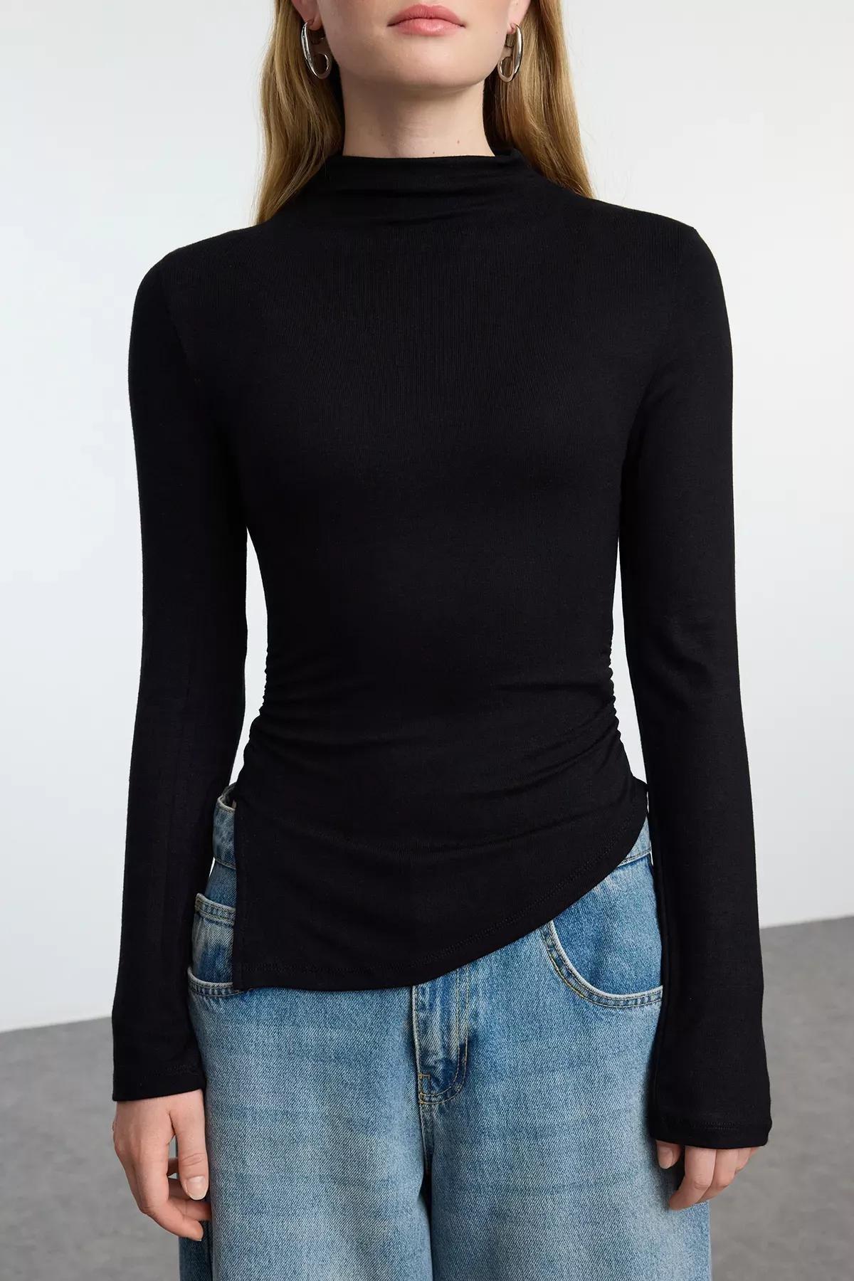 Black Ruffle High Collar Blouse, , large image number 2