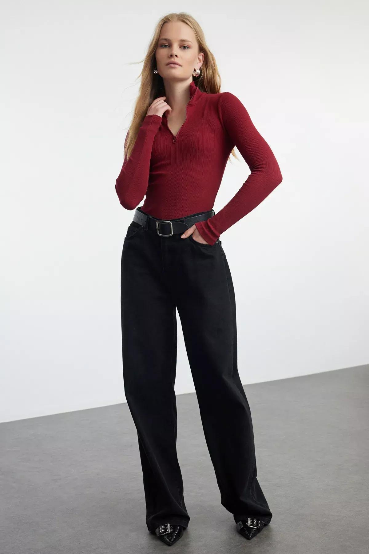 Red Zipper Collar Knit Blouse, Burgundy, large image number 0