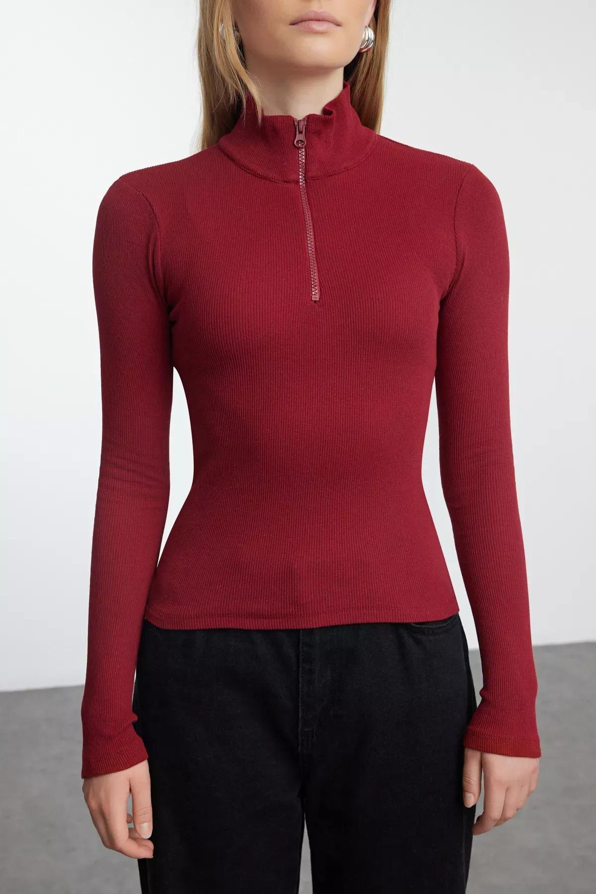 Red Zipper Collar Knit Blouse, Burgundy, large image number 2