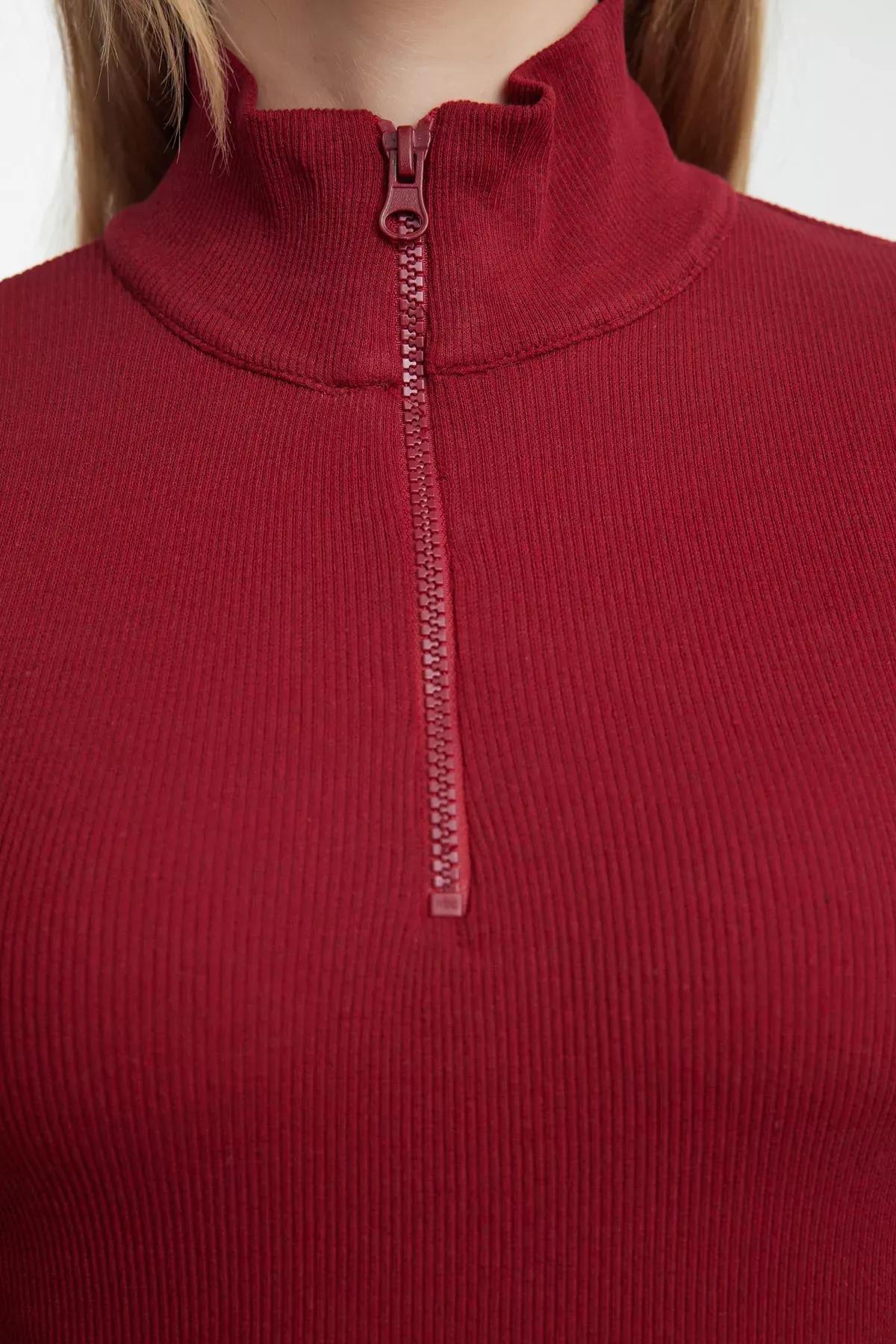 Red Zipper Collar Knit Blouse, Burgundy, large image number 3