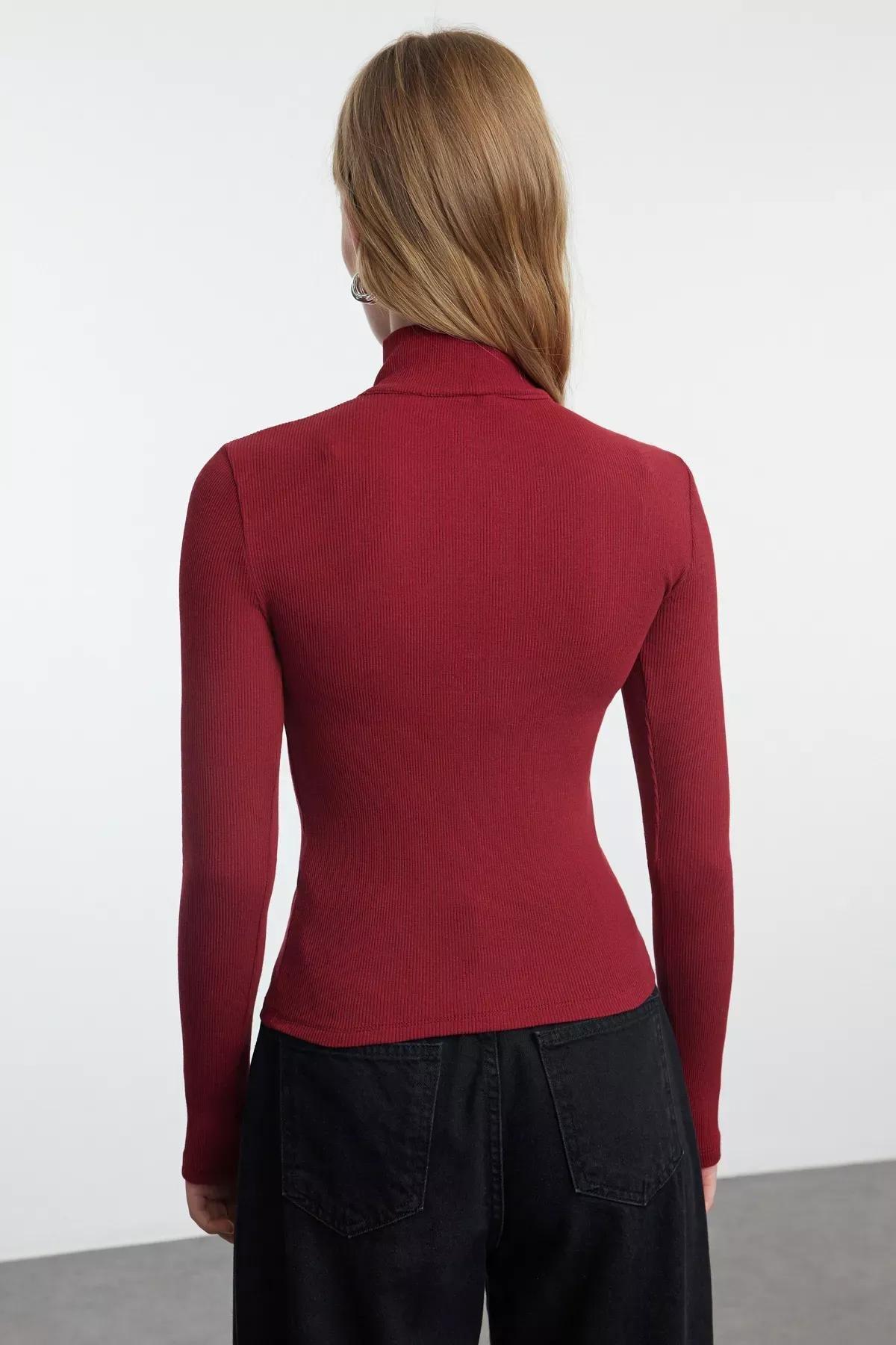Red Zipper Collar Knit Blouse, Burgundy, large image number 4