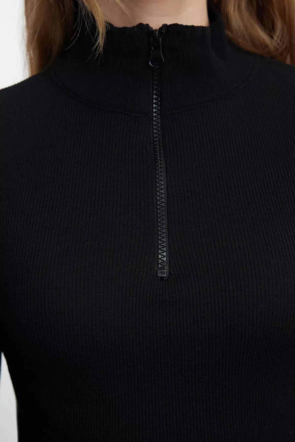 Black Zipper Collar Knit Blouse, , large image number 3