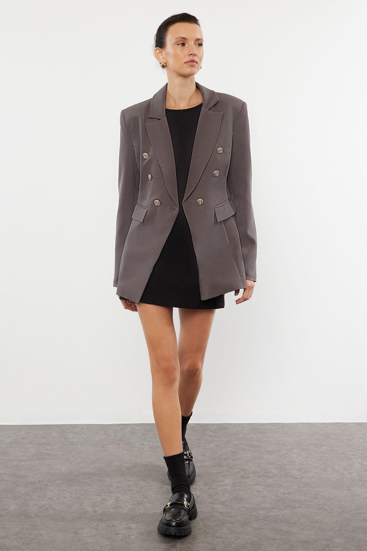 Gray Button Detailed Lined Fitted Waist Patterned Woven Blazer Jacket TWOAW25BC00021, Grey, large image number 0