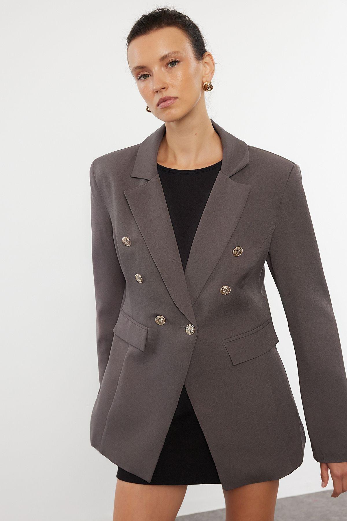 Gray Button Detailed Lined Fitted Waist Patterned Woven Blazer Jacket TWOAW25BC00021, Grey, large image number 1