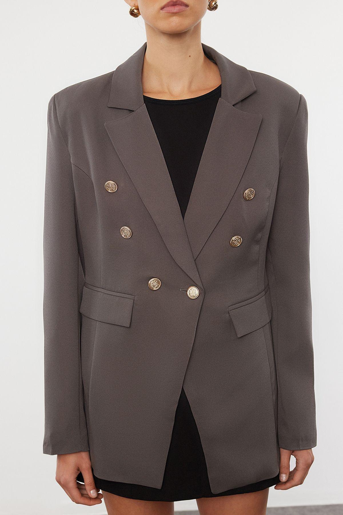 Gray Button Detailed Lined Fitted Waist Patterned Woven Blazer Jacket TWOAW25BC00021, Grey, large image number 2