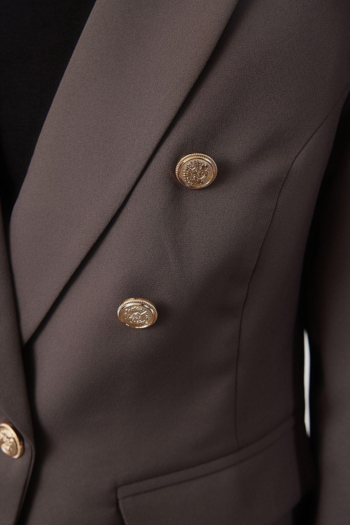 Gray Button Detailed Lined Fitted Waist Patterned Woven Blazer Jacket TWOAW25BC00021, Grey, large image number 3