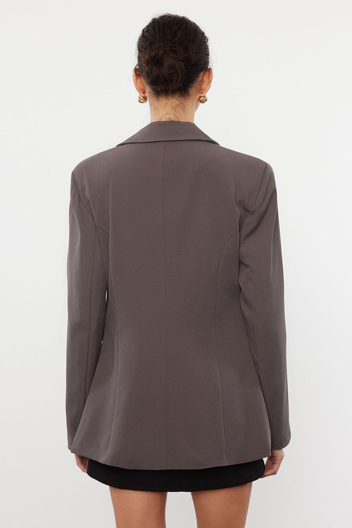 Gray Button Detailed Lined Fitted Waist Patterned Woven Blazer Jacket TWOAW25BC00021, Grey, large image number 4