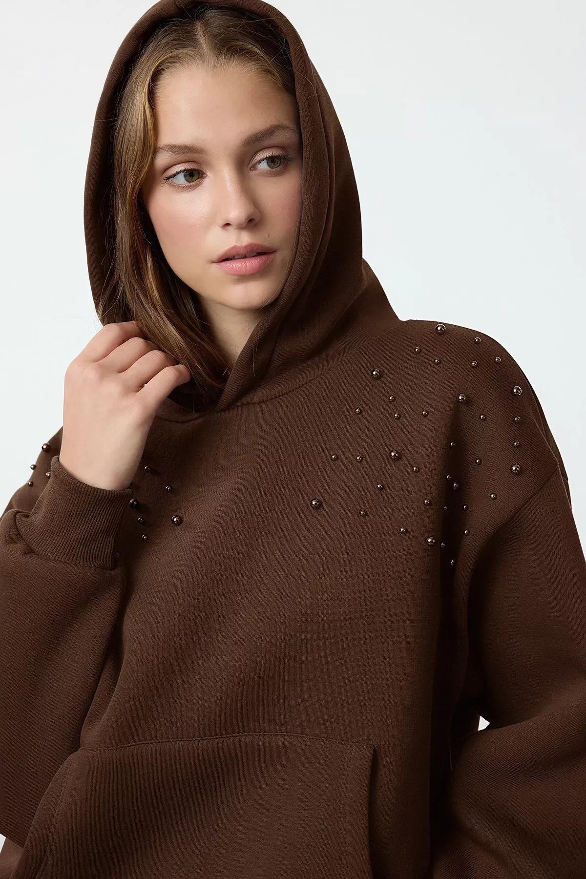 Brown Relaxed Fleeced Knitted Sweatshirt, Brown, large image number 0