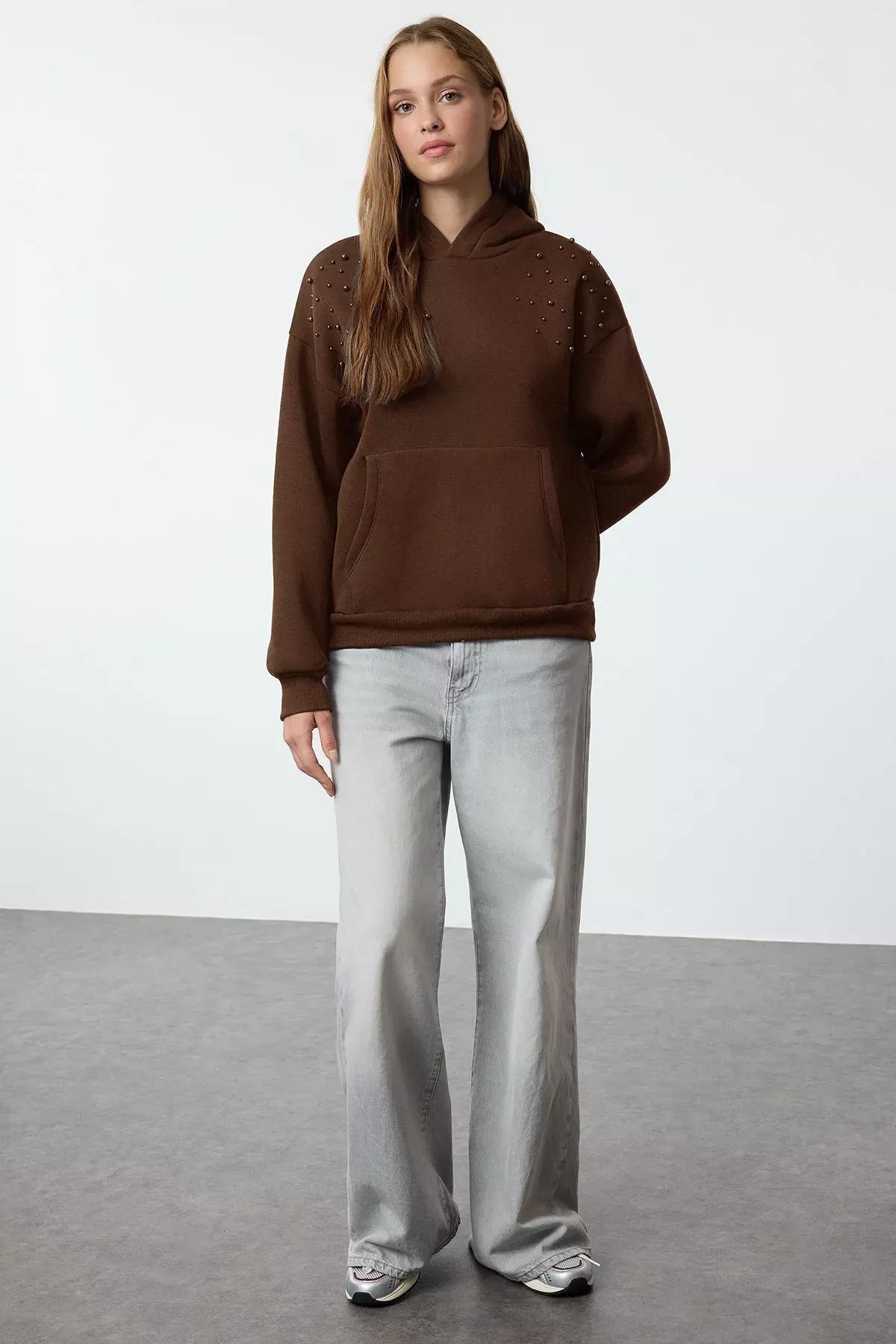 Brown Relaxed Fleeced Knitted Sweatshirt, Brown, large image number 1