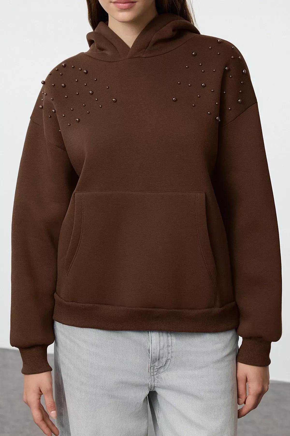 Brown Relaxed Fleeced Knitted Sweatshirt, Brown, large image number 3