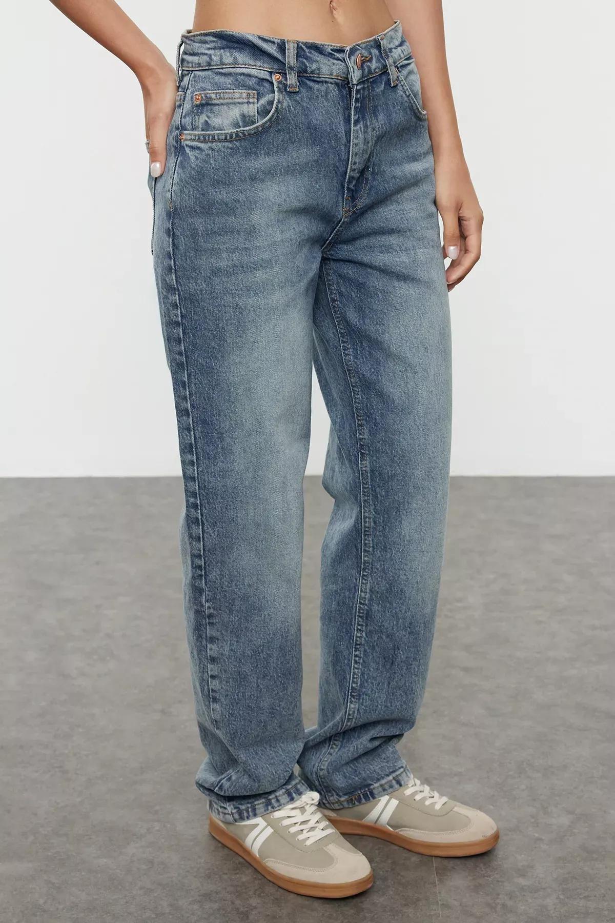 Blue Faded Effect Straight Jeans, Midnight Blue, medium