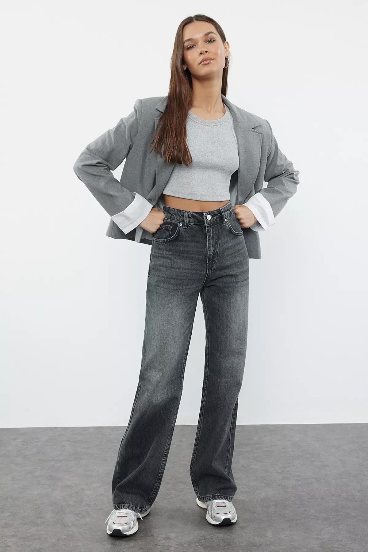 Grey High-Waist Wide Leg Jeans, , medium