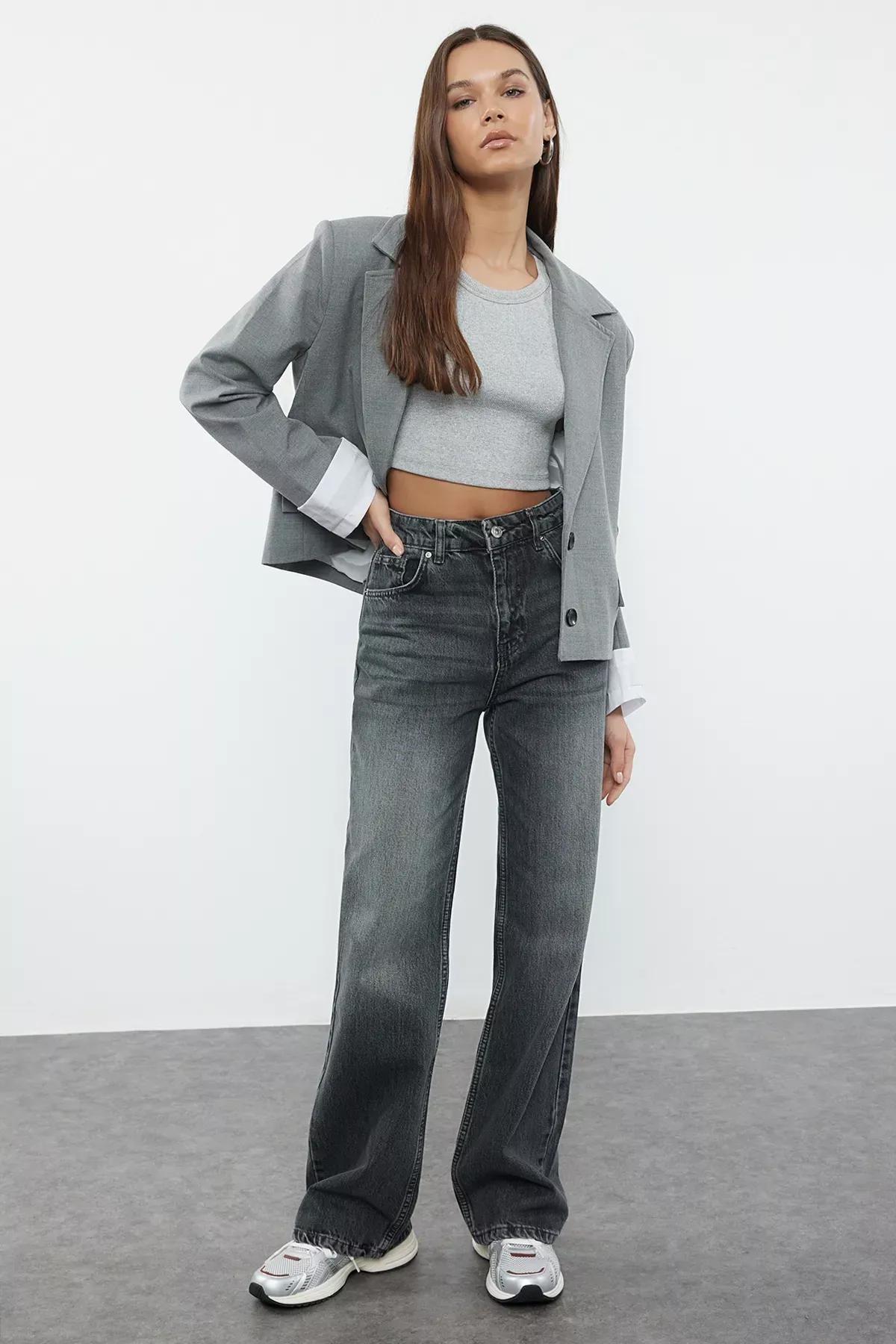 Grey High-Waist Wide Leg Jeans, , large image number 1