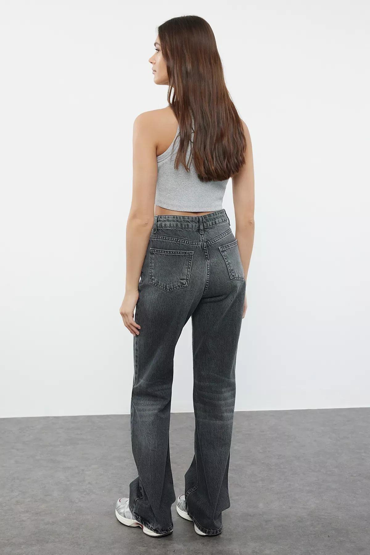 Grey High-Waist Wide Leg Jeans, , large image number 4