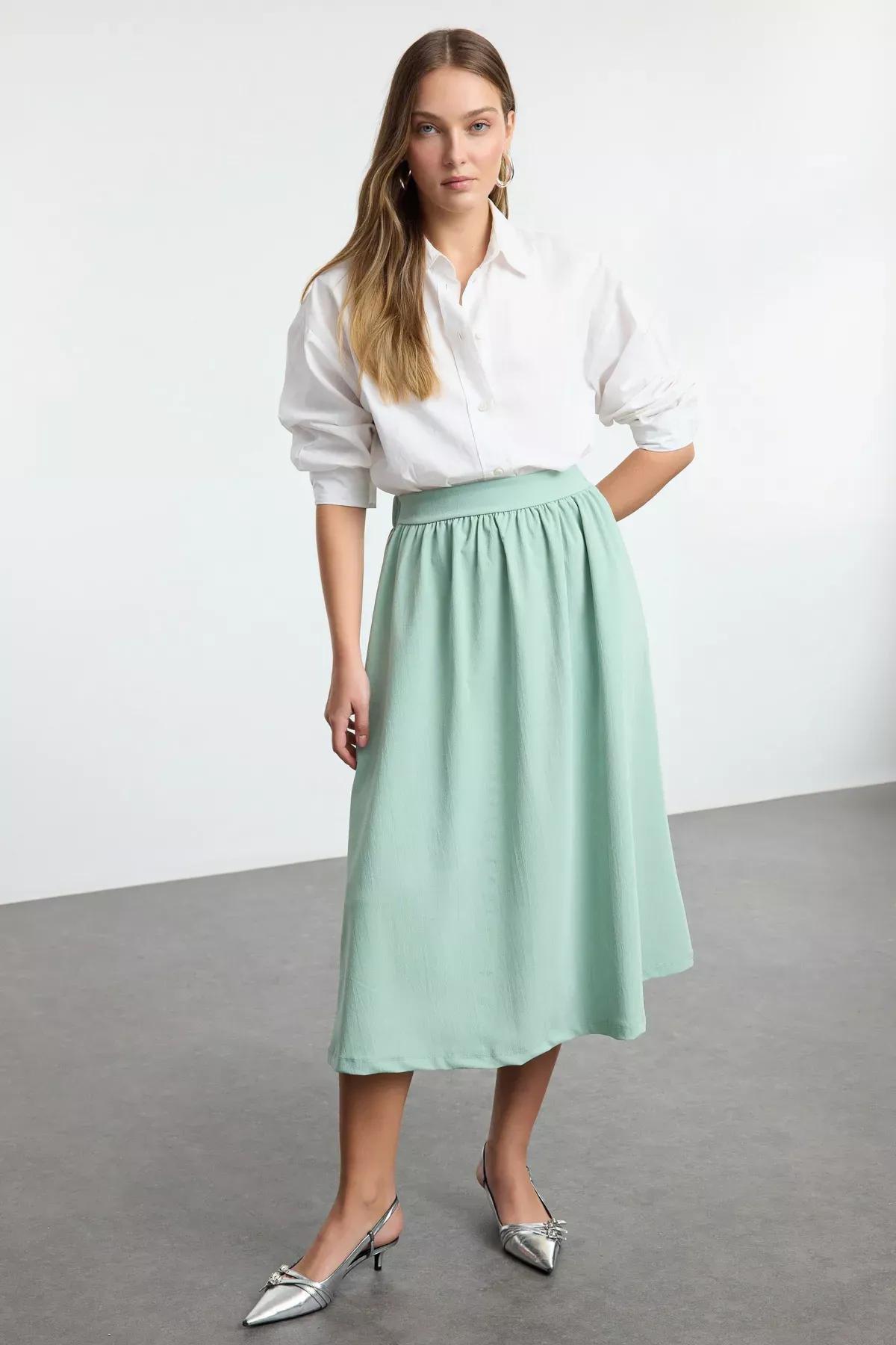 Green Flared Knit Skirt, , large image number 0