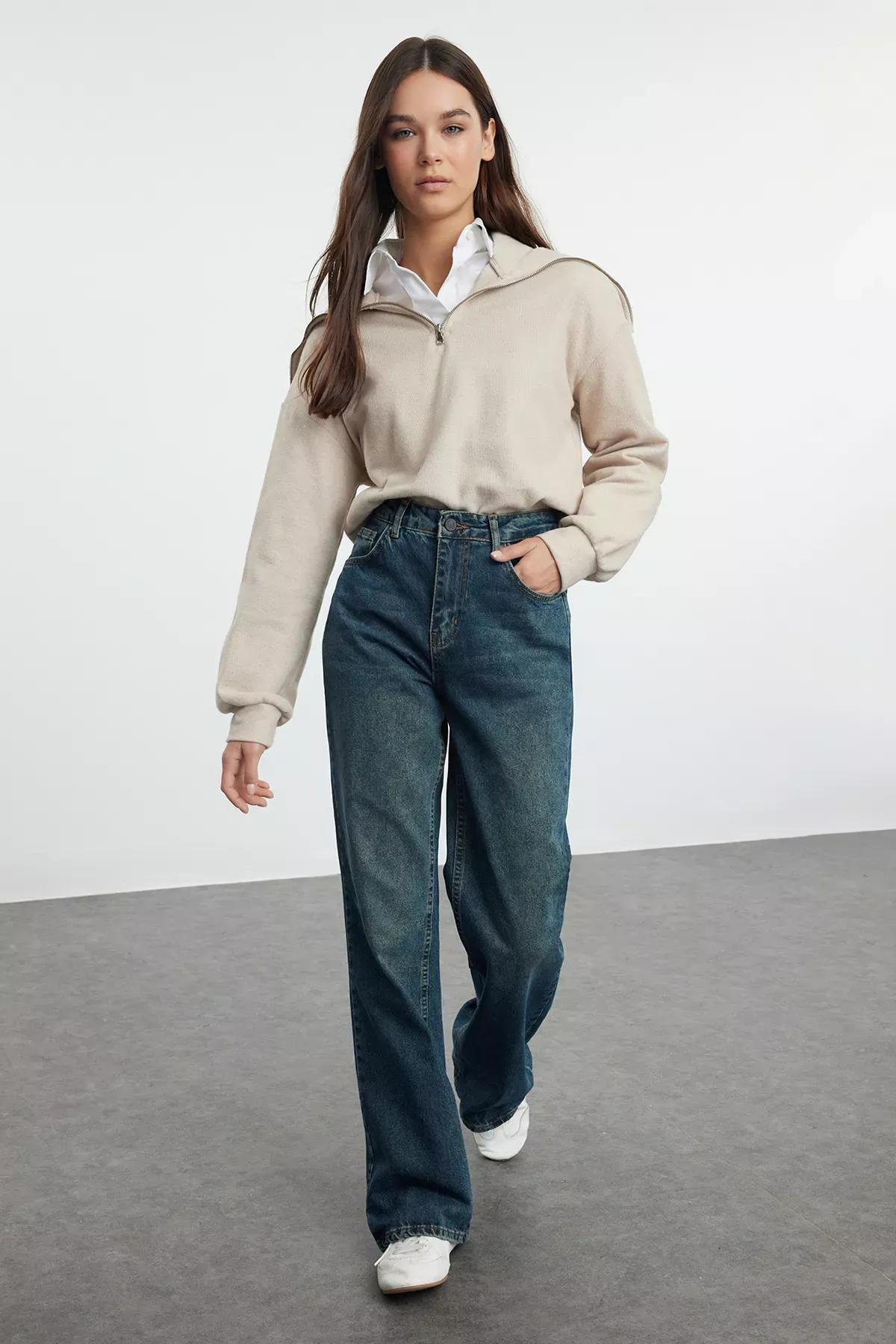 Navy High-Waist Wide Jeans, , large image number 0