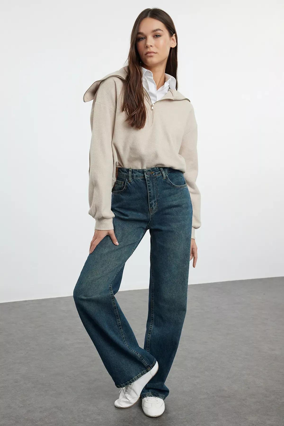 Navy High-Waist Wide Jeans, , large image number 1