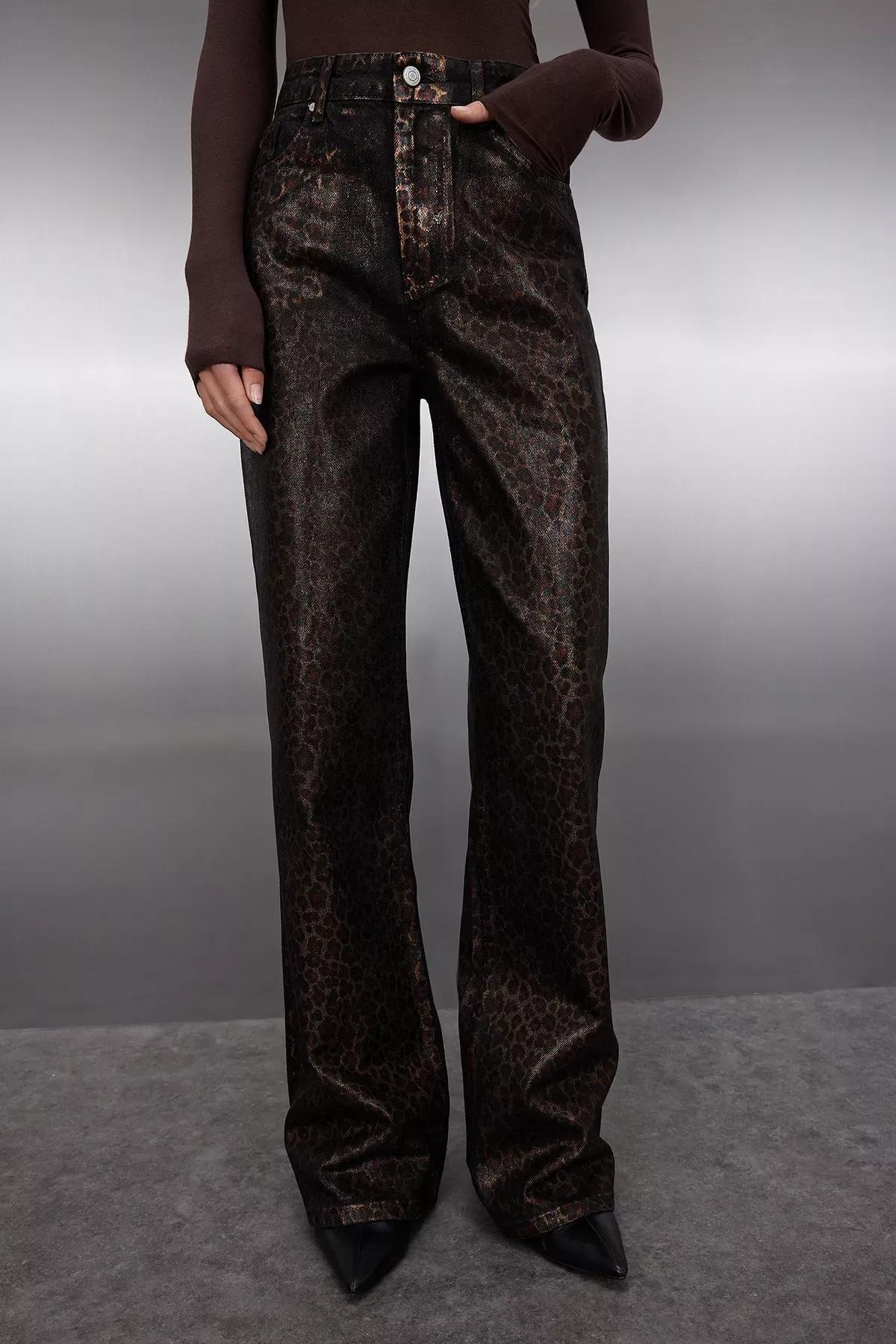 Brown Leopard Print Wide Leg Jeans, Brown, large image number 2