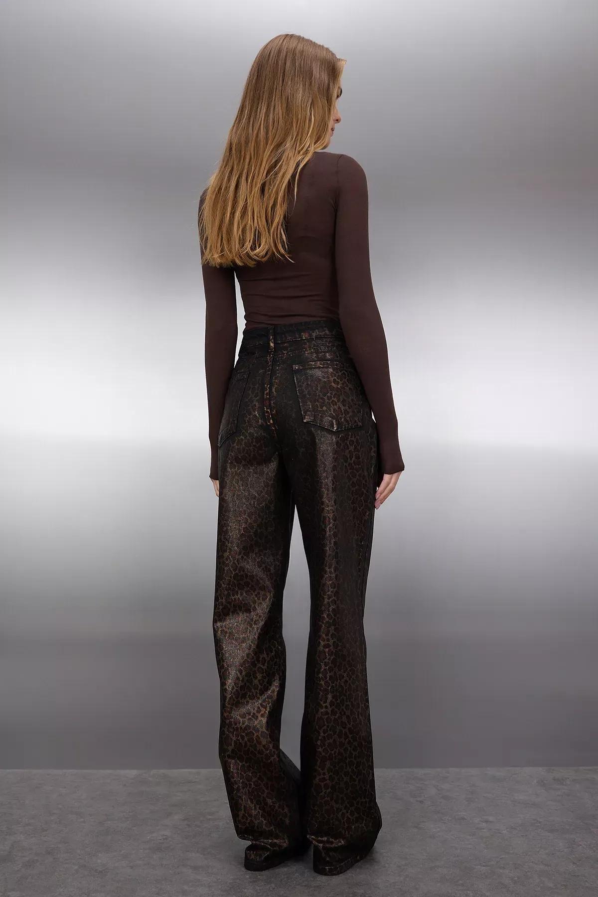 Brown Leopard Print Wide Leg Jeans, Brown, large image number 3