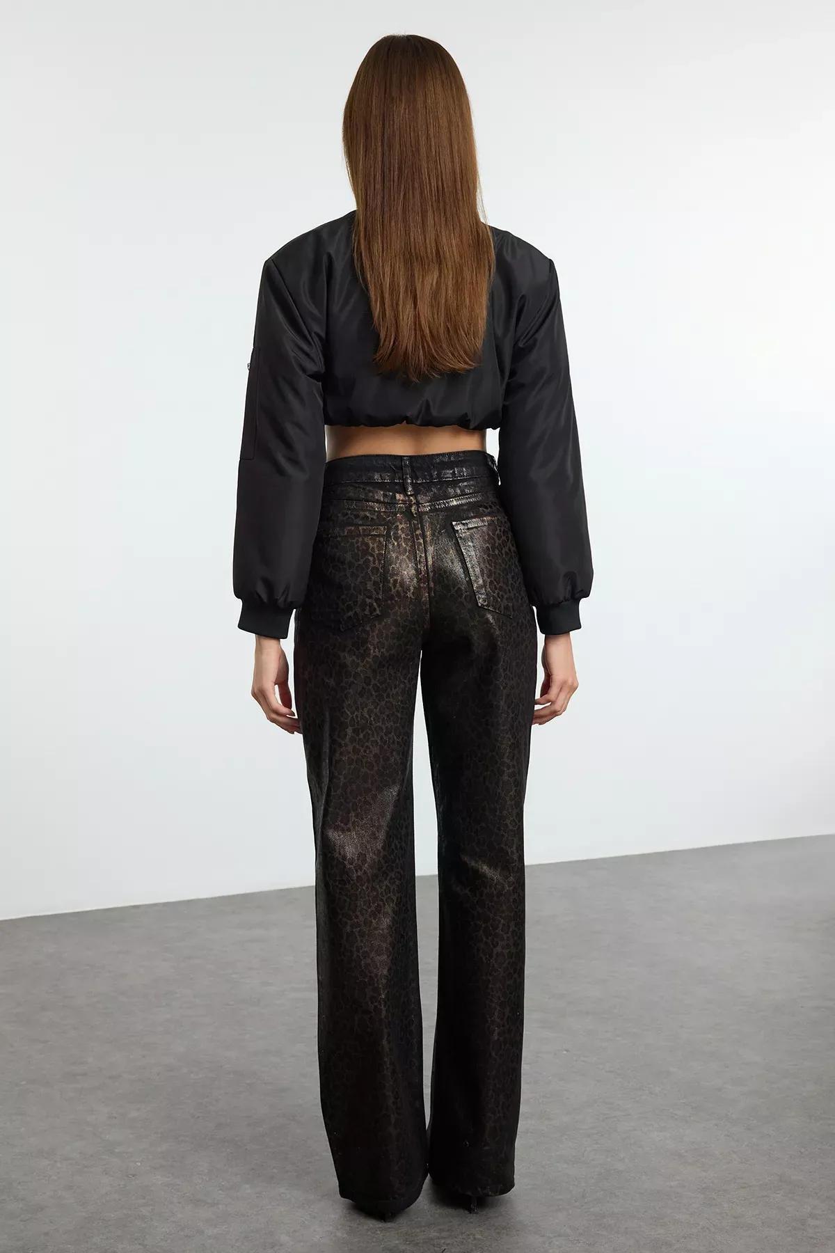 Brown Leopard Print Wide Leg Jeans, Brown, large image number 4