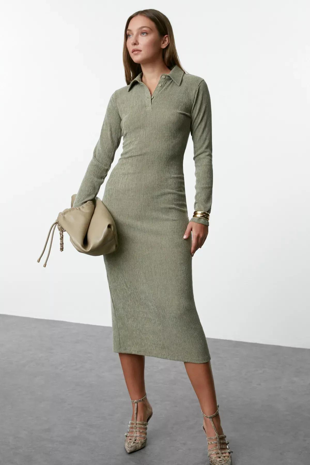 Khaki Polo Neck Bodycon Dress, , large image number 0