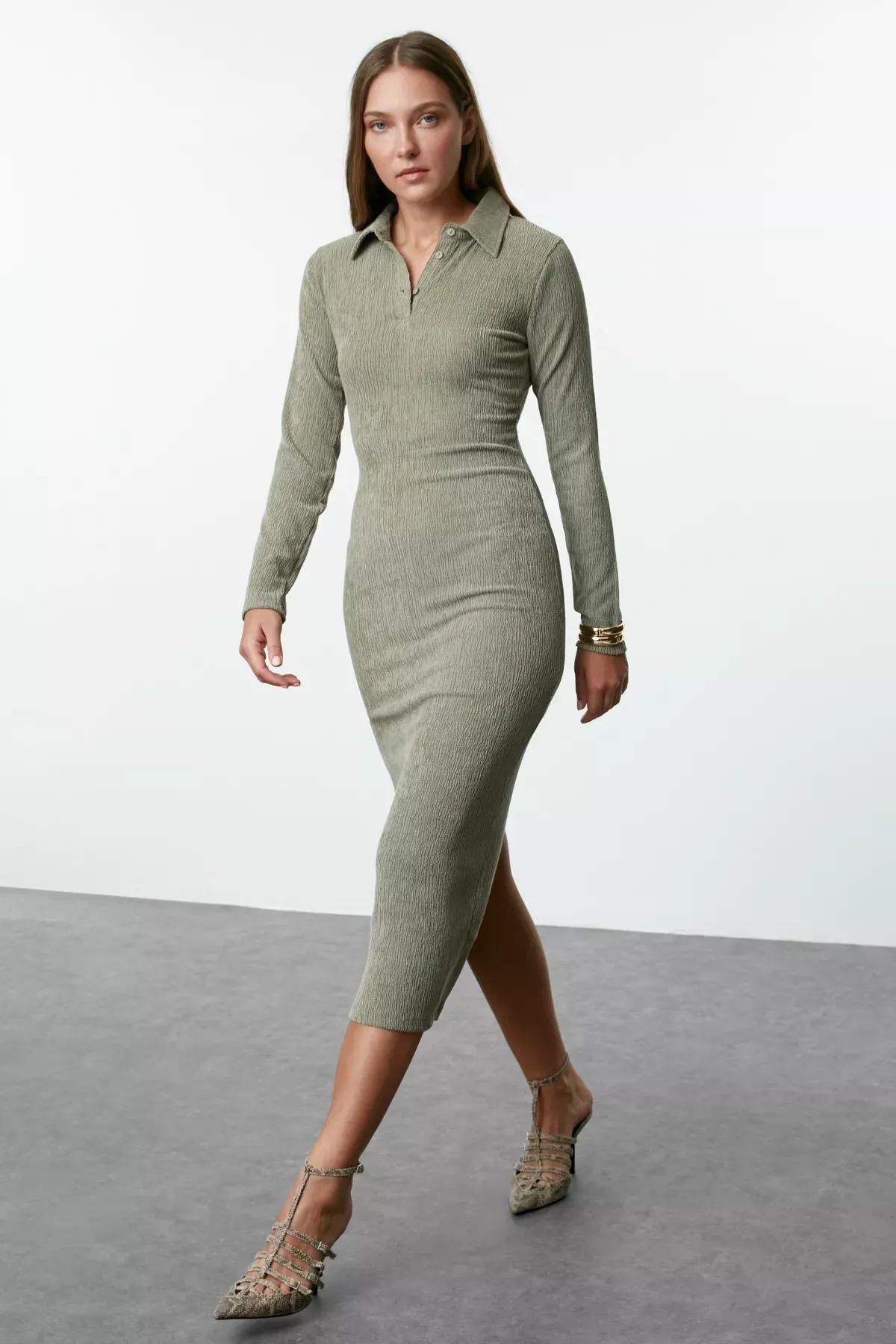 Khaki Polo Neck Bodycon Dress, , large image number 1