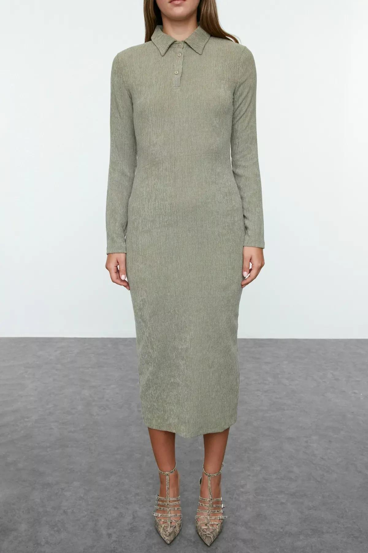 Khaki Polo Neck Bodycon Dress, , large image number 3