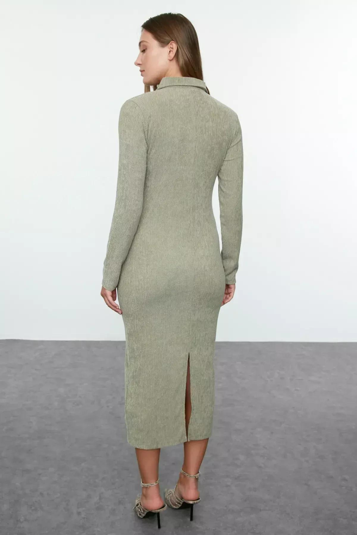 فستان بياقة بولو بقصة ضيقة، كاكي, Khaki, large image number 4
