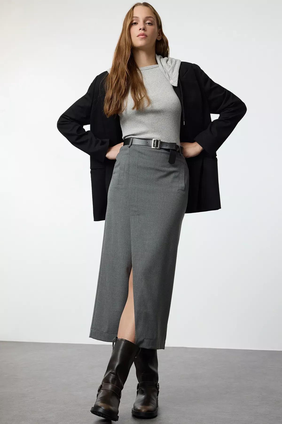 Grey Double Breasted Maxi Skirt, Anthracite, medium