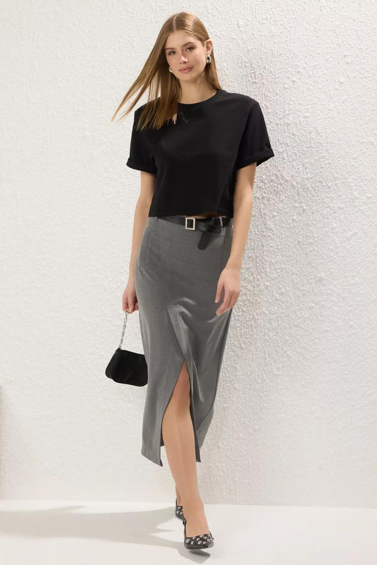 Grey Double Breasted Maxi Skirt, Anthracite, medium