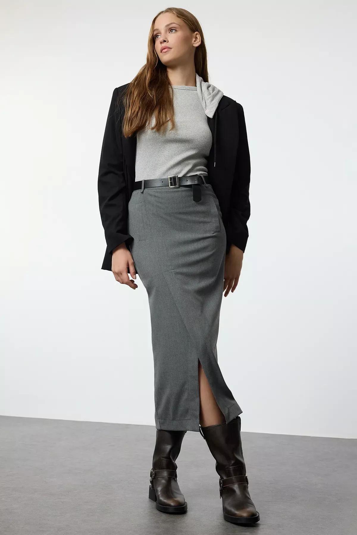 Grey Double Breasted Maxi Skirt, Anthracite, medium