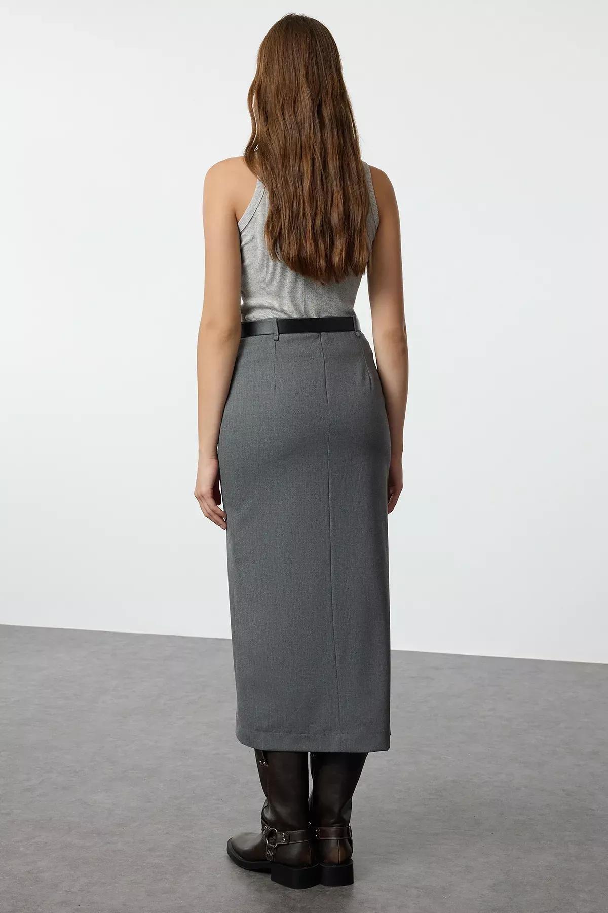 Grey Double Breasted Maxi Skirt, , large image number 4
