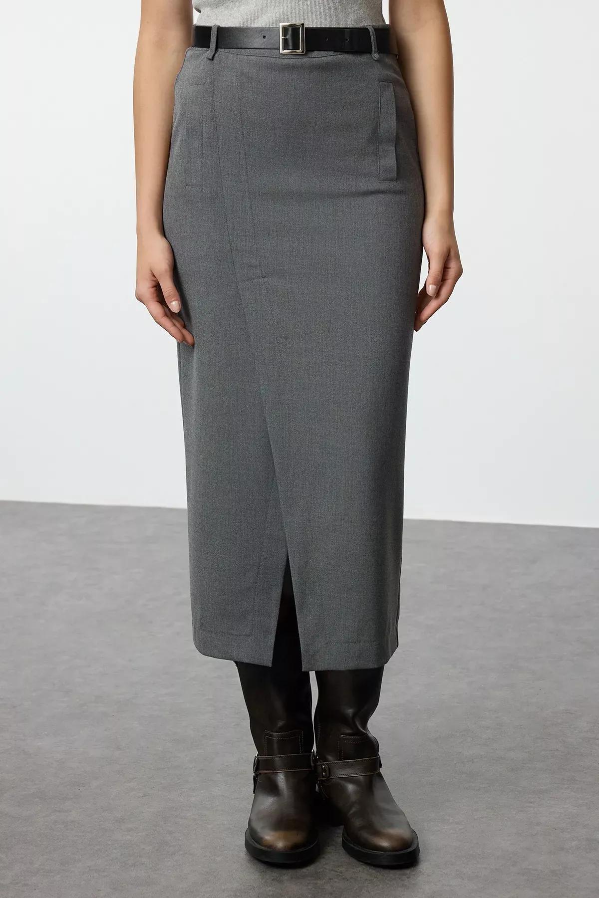 Grey Double Breasted Maxi Skirt, Anthracite, large image number 10