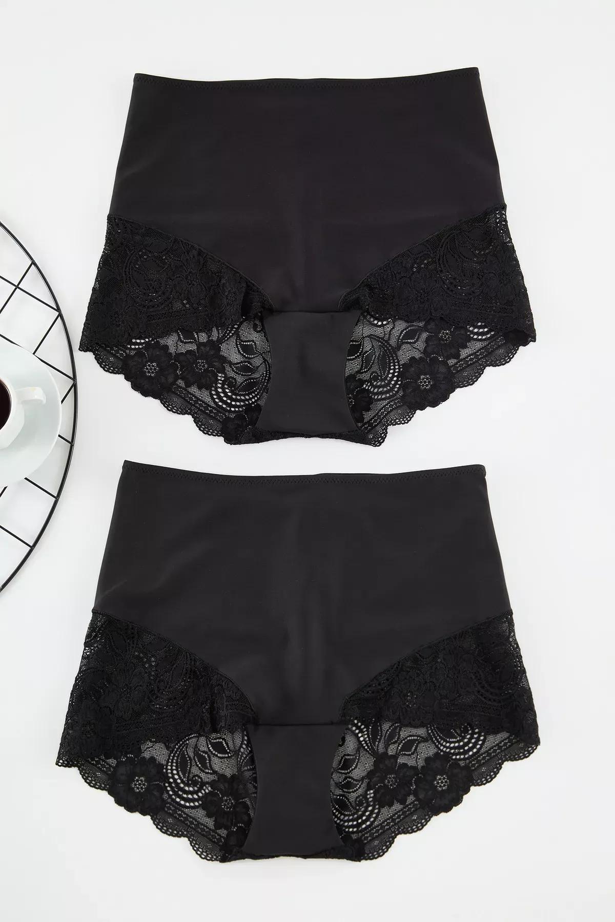 Black High Waist Laced Plus-Size Panties, Set Of 2, BLACK, large image number 0