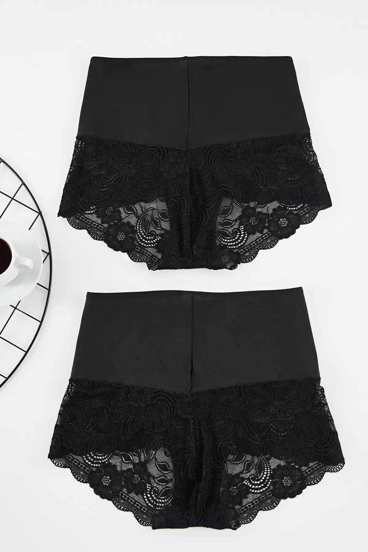 Black High Waist Laced Plus-Size Panties, Set Of 2, BLACK, large image number 2